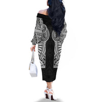 Samoan Traditional Art Tattoos Family Matching Off The Shoulder Long Sleeve Dress and Hawaiian Shirt Tatau Tribal Motifs with Ula Fala Black LT03 - Polynesian Pride