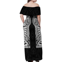 Samoan Traditional Art Tattoos Family Matching Off Shoulder Maxi Dress and Hawaiian Shirt Tatau Tribal Motifs with Ula Fala Black LT03 - Polynesian Pride