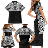 Samoan Traditional Art Tattoos Family Matching Short Sleeve Bodycon Dress and Hawaiian Shirt Tatau Tribal Motifs with Ula Fala Black LT03 - Polynesian Pride