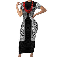 Samoan Traditional Art Tattoos Family Matching Short Sleeve Bodycon Dress and Hawaiian Shirt Tatau Tribal Motifs with Ula Fala Black LT03 Mom's Dress Black - Polynesian Pride