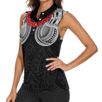 Samoan Traditional Art Tattoos Women Sleeveless Polo Shirt Tatau Tribal Motifs with Ula Fala Black - Polynesian Pride