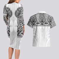 Samoan Traditional Art Tattoos Couples Matching Long Sleeve Bodycon Dress and Hawaiian Shirt Tatau Tribal Motifs with Ula Nifo White LT03 - Polynesian Pride