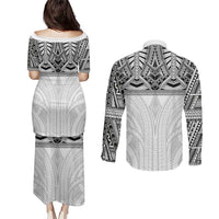 Samoan Traditional Art Tattoos Couples Matching Puletasi and Long Sleeve Button Shirt Tatau Tribal Motifs with Ula Nifo White LT03 - Polynesian Pride