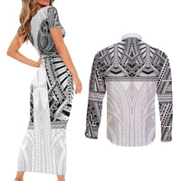 Samoan Traditional Art Tattoos Couples Matching Short Sleeve Bodycon Dress and Long Sleeve Button Shirt Tatau Tribal Motifs with Ula Nifo White LT03 - Polynesian Pride