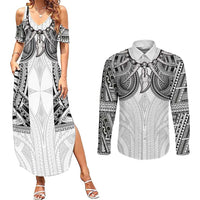 Samoan Traditional Art Tattoos Couples Matching Summer Maxi Dress and Long Sleeve Button Shirt Tatau Tribal Motifs with Ula Nifo White LT03 White - Polynesian Pride