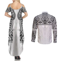 Samoan Traditional Art Tattoos Couples Matching Summer Maxi Dress and Long Sleeve Button Shirt Tatau Tribal Motifs with Ula Nifo White LT03 - Polynesian Pride