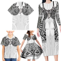 Samoan Traditional Art Tattoos Family Matching Long Sleeve Bodycon Dress and Hawaiian Shirt Tatau Tribal Motifs with Ula Nifo White - Polynesian Pride