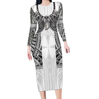 Samoan Traditional Art Tattoos Family Matching Long Sleeve Bodycon Dress and Hawaiian Shirt Tatau Tribal Motifs with Ula Nifo White LT03 Mom's Dress White - Polynesian Pride