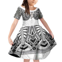 Samoan Traditional Art Tattoos Family Matching Off Shoulder Short Dress and Hawaiian Shirt Tatau Tribal Motifs with Ula Nifo White - Polynesian Pride