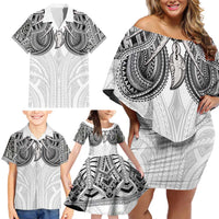 Samoan Traditional Art Tattoos Family Matching Off Shoulder Short Dress and Hawaiian Shirt Tatau Tribal Motifs with Ula Nifo White LT03 - Polynesian Pride