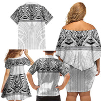 Samoan Traditional Art Tattoos Family Matching Off Shoulder Short Dress and Hawaiian Shirt Tatau Tribal Motifs with Ula Nifo White - Polynesian Pride