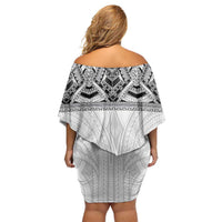 Samoan Traditional Art Tattoos Family Matching Off Shoulder Short Dress and Hawaiian Shirt Tatau Tribal Motifs with Ula Nifo White - Polynesian Pride