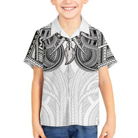 Samoan Traditional Art Tattoos Family Matching Off Shoulder Short Dress and Hawaiian Shirt Tatau Tribal Motifs with Ula Nifo White LT03 Son's Shirt White - Polynesian Pride