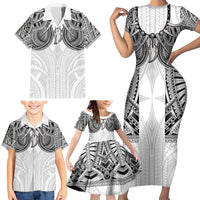 Samoan Traditional Art Tattoos Family Matching Short Sleeve Bodycon Dress and Hawaiian Shirt Tatau Tribal Motifs with Ula Nifo White LT03 - Polynesian Pride