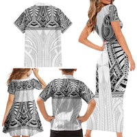 Samoan Traditional Art Tattoos Family Matching Short Sleeve Bodycon Dress and Hawaiian Shirt Tatau Tribal Motifs with Ula Nifo White - Polynesian Pride
