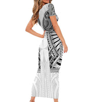 Samoan Traditional Art Tattoos Short Sleeve Bodycon Dress Tatau Tribal Motifs with Ula Nifo White - Polynesian Pride