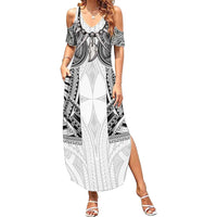 Samoan Traditional Art Tattoos Summer Maxi Dress Tatau Tribal Motifs with Ula Nifo White - Polynesian Pride