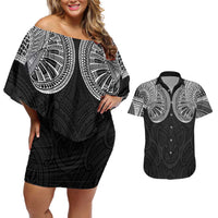 Samoan Traditional Art Tattoos Couples Matching Off Shoulder Short Dress and Hawaiian Shirt Tatau Roman Reigns Black Color LT03 Black - Polynesian Pride