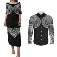 Samoan Traditional Art Tattoos Couples Matching Puletasi and Long Sleeve Button Shirt Tatau Roman Reigns Black Color LT03 Black - Polynesian Pride