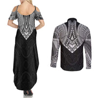 Samoan Traditional Art Tattoos Couples Matching Summer Maxi Dress and Long Sleeve Button Shirt Tatau Roman Reigns Black Color LT03 - Polynesian Pride
