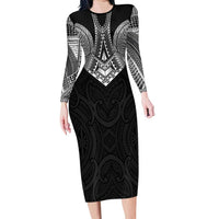 Samoan Traditional Art Tattoos Family Matching Long Sleeve Bodycon Dress and Hawaiian Shirt Tatau Roman Reigns Black Color LT03 Mom's Dress Black - Polynesian Pride