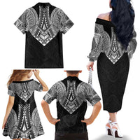 Samoan Traditional Art Tattoos Family Matching Off The Shoulder Long Sleeve Dress and Hawaiian Shirt Tatau Roman Reigns Black Color - Polynesian Pride