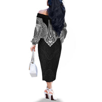 Samoan Traditional Art Tattoos Family Matching Off The Shoulder Long Sleeve Dress and Hawaiian Shirt Tatau Roman Reigns Black Color - Polynesian Pride