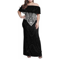Samoan Traditional Art Tattoos Family Matching Off Shoulder Maxi Dress and Hawaiian Shirt Tatau Roman Reigns Black Color LT03 Mom's Dress Black - Polynesian Pride