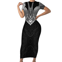 Samoan Traditional Art Tattoos Short Sleeve Bodycon Dress Tatau Roman Reigns Black Color LT03 Long Dress Black - Polynesian Pride