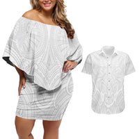 Samoan Traditional Art Tattoos Couples Matching Off Shoulder Short Dress and Hawaiian Shirt Tatau Roman Reigns White Color LT03 White - Polynesian Pride