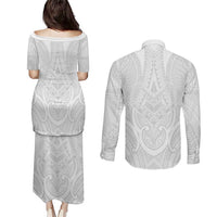 Samoan Traditional Art Tattoos Couples Matching Puletasi and Long Sleeve Button Shirt Tatau Roman Reigns White Color LT03 - Polynesian Pride