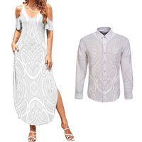Samoan Traditional Art Tattoos Couples Matching Summer Maxi Dress and Long Sleeve Button Shirt Tatau Roman Reigns White Color LT03 White - Polynesian Pride