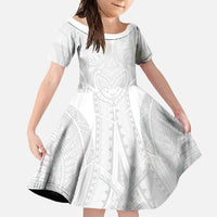 Samoan Traditional Art Tattoos Family Matching Off Shoulder Maxi Dress and Hawaiian Shirt Tatau Roman Reigns White Color LT03 Daughter's Dress White - Polynesian Pride