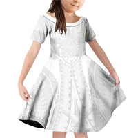 Samoan Traditional Art Tattoos Family Matching Off Shoulder Short Dress and Hawaiian Shirt Tatau Roman Reigns White Color LT03 Daughter's Dress White - Polynesian Pride