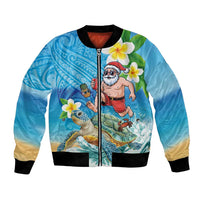 Polynesian Merry Christmas Bomber Jacket Funny Santa with Sea Turtle Beach Plumeria - Polynesian Pride