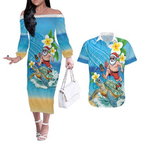 Polynesian Merry Christmas Couples Matching Off The Shoulder Long Sleeve Dress and Hawaiian Shirt Funny Santa with Sea Turtle Beach Plumeria LT03 Multicolor - Polynesian Pride