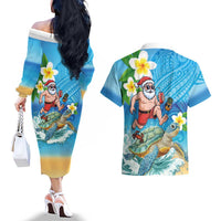 Polynesian Merry Christmas Couples Matching Off The Shoulder Long Sleeve Dress and Hawaiian Shirt Funny Santa with Sea Turtle Beach Plumeria LT03 - Polynesian Pride