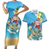 Polynesian Merry Christmas Couples Matching Short Sleeve Bodycon Dress and Hawaiian Shirt Funny Santa with Sea Turtle Beach Plumeria - Polynesian Pride
