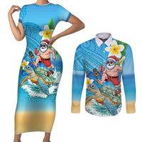 Polynesian Merry Christmas Couples Matching Short Sleeve Bodycon Dress and Long Sleeve Button Shirt Funny Santa with Sea Turtle Beach Plumeria - Polynesian Pride