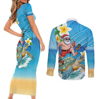 Polynesian Merry Christmas Couples Matching Short Sleeve Bodycon Dress and Long Sleeve Button Shirt Funny Santa with Sea Turtle Beach Plumeria LT03 - Polynesian Pride