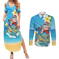 Polynesian Merry Christmas Couples Matching Summer Maxi Dress and Long Sleeve Button Shirt Funny Santa with Sea Turtle Beach Plumeria - Polynesian Pride