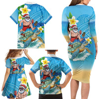 Polynesian Merry Christmas Family Matching Long Sleeve Bodycon Dress and Hawaiian Shirt Funny Santa with Sea Turtle Beach Plumeria LT03 - Polynesian Pride
