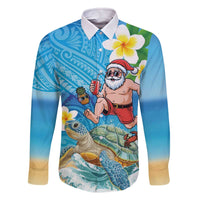 Polynesian Merry Christmas Family Matching Off The Shoulder Long Sleeve Dress and Hawaiian Shirt Funny Santa with Sea Turtle Beach Plumeria LT03 Dad's Shirt - Long Sleeve Multicolor - Polynesian Pride