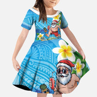 Polynesian Merry Christmas Family Matching Off Shoulder Maxi Dress and Hawaiian Shirt Funny Santa with Sea Turtle Beach Plumeria LT03 Daughter's Dress Multicolor - Polynesian Pride
