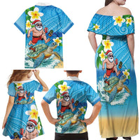 Polynesian Merry Christmas Family Matching Off Shoulder Maxi Dress and Hawaiian Shirt Funny Santa with Sea Turtle Beach Plumeria LT03 - Polynesian Pride
