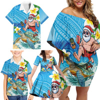 Polynesian Merry Christmas Family Matching Off Shoulder Short Dress and Hawaiian Shirt Funny Santa with Sea Turtle Beach Plumeria - Polynesian Pride
