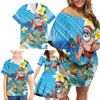 Polynesian Merry Christmas Family Matching Off Shoulder Short Dress and Hawaiian Shirt Funny Santa with Sea Turtle Beach Plumeria LT03 - Polynesian Pride