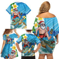 Polynesian Merry Christmas Family Matching Off Shoulder Short Dress and Hawaiian Shirt Funny Santa with Sea Turtle Beach Plumeria - Polynesian Pride