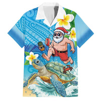 Polynesian Merry Christmas Family Matching Off Shoulder Short Dress and Hawaiian Shirt Funny Santa with Sea Turtle Beach Plumeria LT03 Dad's Shirt - Short Sleeve Multicolor - Polynesian Pride