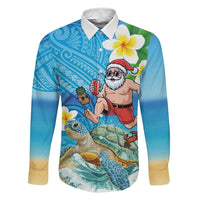 Polynesian Merry Christmas Family Matching Summer Maxi Dress and Hawaiian Shirt Funny Santa with Sea Turtle Beach Plumeria LT03 Dad's Shirt - Long Sleeve Multicolor - Polynesian Pride